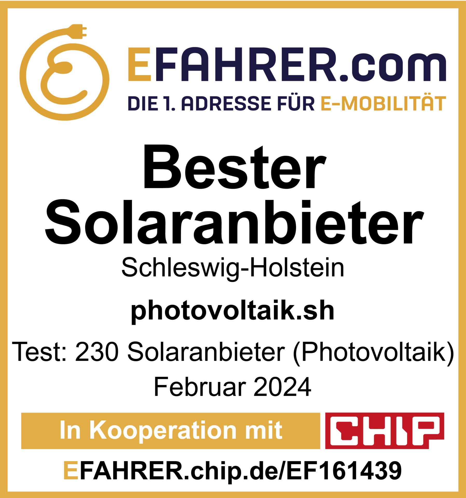 Werbung für einen erstklassigen Solarstromanbieter, SolarSwag-Holstein, mit einem Test Hero-Feature im Februar 2024 einer auf E-Mobilität fokussierten Website in Zusammenarbeit mit Chip
