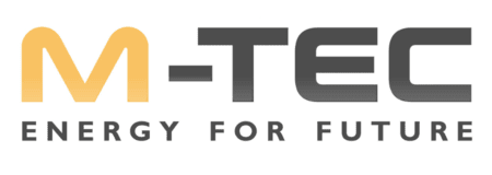 M-TEC-Logo mit dem Slogan "ENERGY FOR FUTURE" in grauer und gelber Schrift auf weißem Hintergrund.